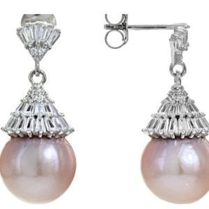 Cultured Fresh Water Pearl With Cubic Zirconia Rhodium Over Silver Earrings